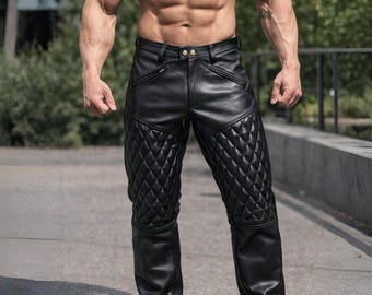 Biker Pants in Black Quilted Genuine Cowhide Leather with Zippered Pockets