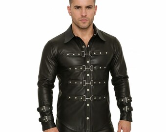Men's Leather Buckle Shirt, Genuine Cowhide for Streetwear Style