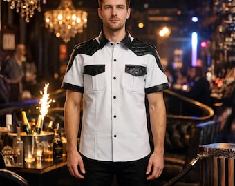 Men Leather Shirt – Quilted Shoulder, Western Biker Shirt
