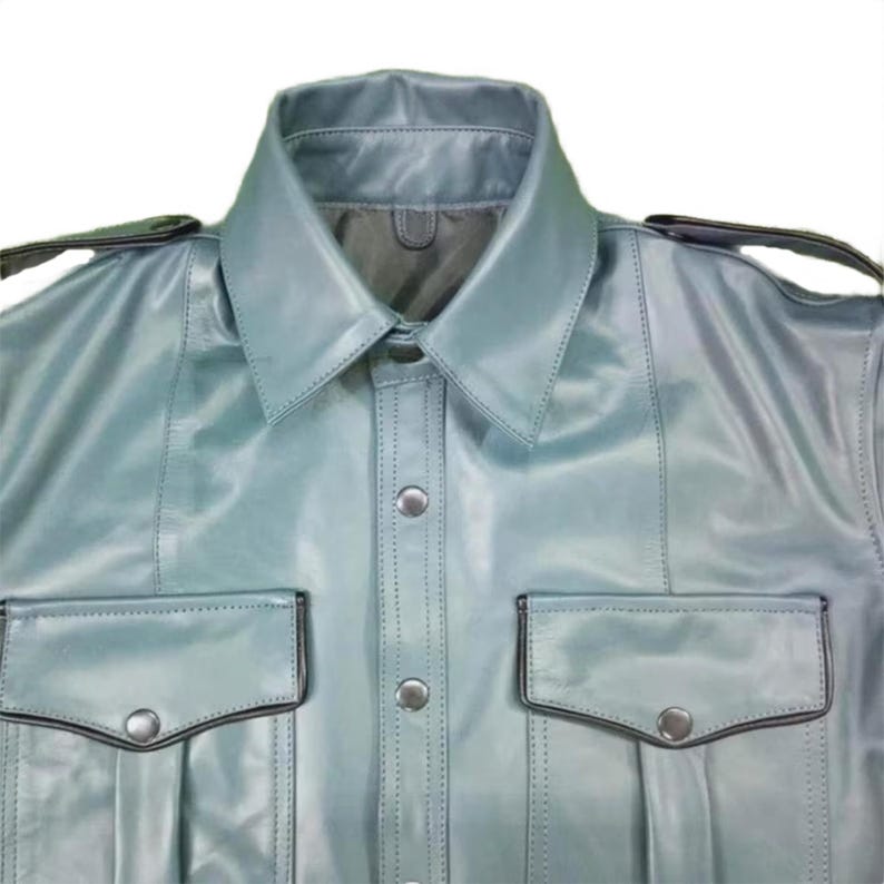 Men's Genuine Leather Biker Shirt, Short Sleeve Western Top image 4