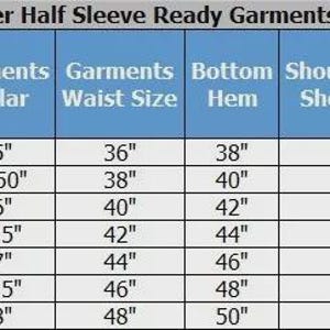 May include: A size chart for regular leather half-sleeve garments, displaying measurements in inches. The chart includes sizes XS to XL2, with corresponding chest body size, chest ready garments size, collar, waist size, bottom hem, shoulder width, half sleeve length, and back length.