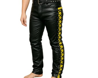 Men's Black Leather Biker Pants – Yellow Lace Up Gothic Trousers