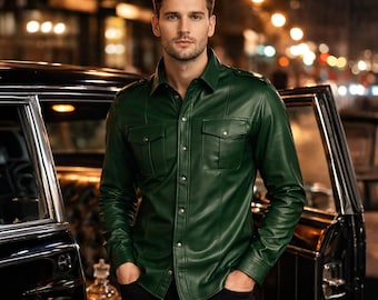 Mens Cowhide Leather Shirt: Police Style Biker, Casual Western Outwear