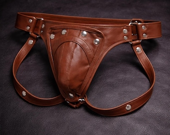 Mens Leather Jockstrap Sexy Thong Underwear with Removable Codpiece Adult Harness Festival Outfit Mature Gift
