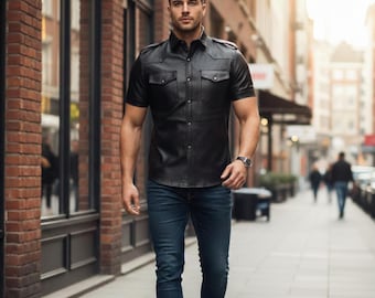 Handmade Black Leather Biker Shirt – Short Sleeve Epaulettes, Button-Front