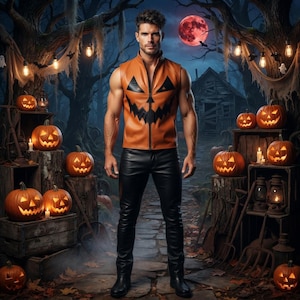 May include: A sleeveless orange waistcoat featuring a black jack-o'-lantern face print and a front zip, worn with black trousers. The outfit is presented in a dark, outdoor environment surrounded by glowing carved pumpkins, wooden crates and lanterns.