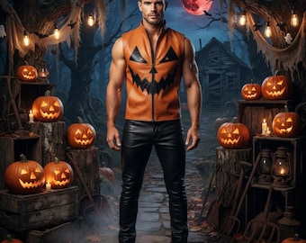 Hand-Cut Leather Jack O Lantern Vest, Gothic Horror Pumpkin Costume
