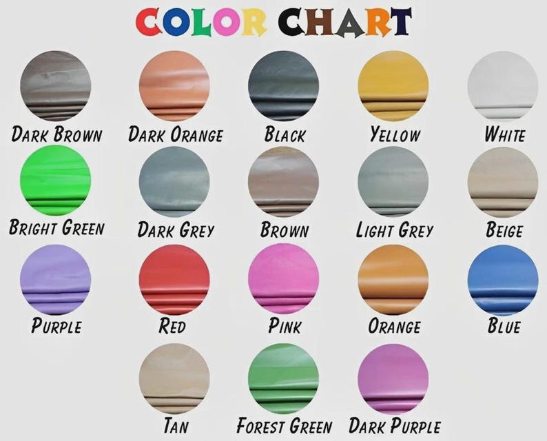 A white table with a grid of colored circles, each labeled with a color name like "Dark Brown," "Black," "Yellow," and "Blue."