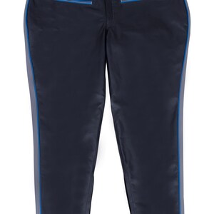 A pair of black leather pants with gray side stripes and blue piping, laid flat, front view.