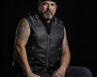 Mens Black Leather Biker Vest - Buckle Straps, Motorcycle Clubwear