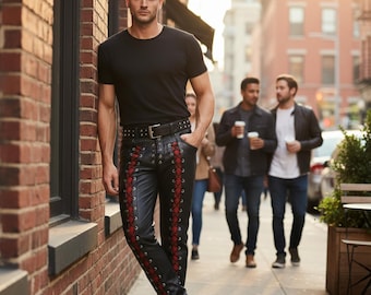 Men's Handmade Leather Lace-Up Pants - Slim Fit Biker Trousers