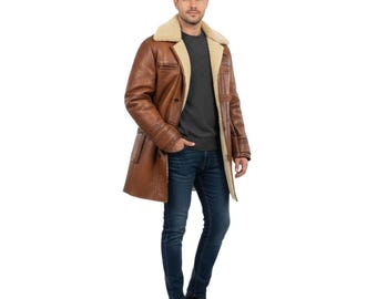 Leather Coat | Cowhide Aviator Coat with Fur Collar and Warm  Lining | Mens Winter Coat in mid length