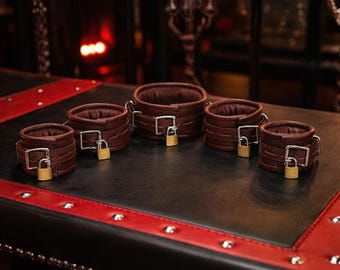 Leather Bondage Cuffs Set with Collar – Padded Wrist & Ankle Restraints for Couples Mature