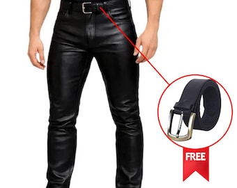 Men's Cowhide Leather Biker Pants – Slim Fit Motorcycle Trousers with Belt