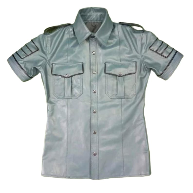 Men's Genuine Leather Biker Shirt, Short Sleeve Western Top image 2