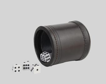 Handmade Leather Dice Cup with 5 Dice: Ribbed Interior, Quiet Roll