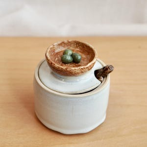 Handmade Bird Nest Jar with Spoon – 1/2 Cup Ceramic Storage Jar with Nest Lid and Carved Wood Grain Spoon