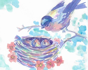 Mother and Baby Birds in Nest:  Print of Original Watercolor Painting