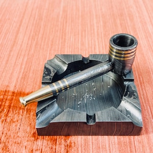 Handmade Damascus Steel Tobacco Pipe with Matching Ashtray – Unique Gift for Collectors