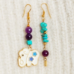 Amethyst & Turquoise Elephant Dangle Earrings: Boho Gemstone Jewelry