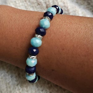 Blue Crystal Beaded Jewelry Set: Handmade Silver Tone Bracelet & Earrings