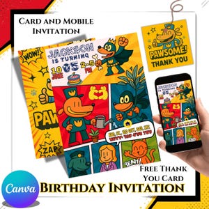 Invitación de cumpleaños de Dog Man / Invitación de fiesta de Dog Man / Invitación de cómic editable / Invitación de cumpleaños de superhéroe / Invitación de fiesta infantil