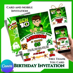 Convite editável de aniversário do Ben 10 | Convite para festa do Ben 10 | Convite para festa de super-heróis | Cartão de aniversário infantil | Convite para 1º aniversário