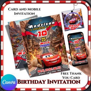 Bewerkbare raceauto verjaardagsuitnodiging | Hot Wheels-racefeest | Verjaardagsuitnodiging auto Lightning McQueen | Verjaardagsuitnodiging auto