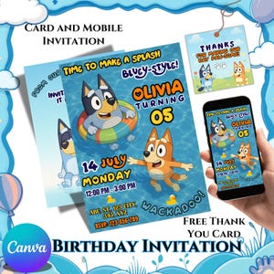Editable Bluey Birthday Invitation | Bluey Pool Party Invitation for Boys & Girls | Mobile Bluey Card | Pool Party Invite | Instant Download