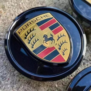 Porsche Wheel Center Caps 76mm Gloss Black | Set of 4 Hub Caps for Porsche Cayenne Panamera Macan 911 | Rim Emblem Badge ( WITH BLACK RING )