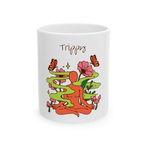 Trippy Mushroom Ceramic Mug, Cute Psychedelic Tea Cup, Vibrant Hippie Coffee Mug, Whimsical Fungi Drinkware, Boho Kitchen Decor