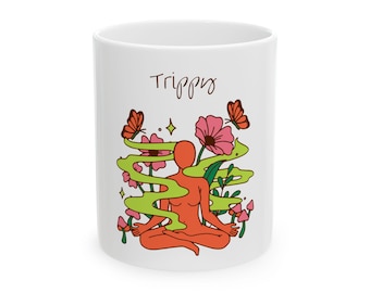 Trippy Mushroom Ceramic Mug, Cute Psychedelic Tea Cup, Vibrant Hippie Coffee Mug, Whimsical Fungi Drinkware, Boho Kitchen Decor