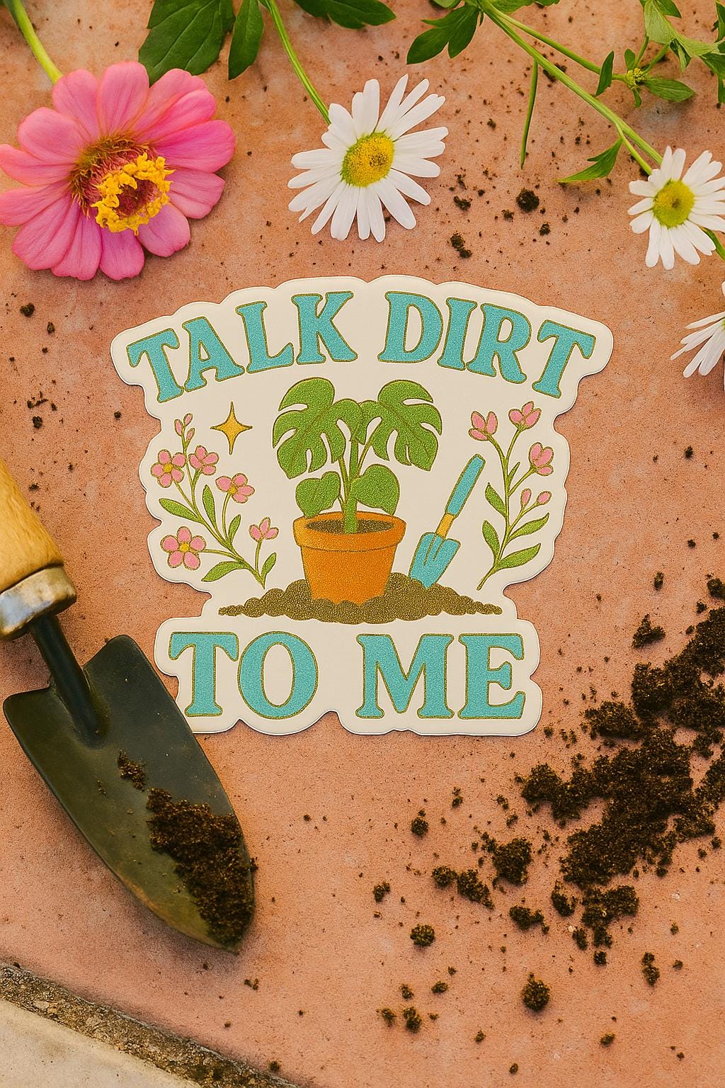 Talk Dirt to Me sticker for plant lovers, gardeners, and houseplant addicts who like their humor cheeky and their soil rich.