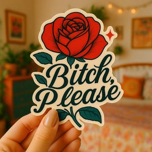 Bitch Please Sticker, MATURE,Sassy Red Rose Vinyl Sticker, Bold Feminine Energy, Funny Laptop Sticker, Kiss-Cut Glossy
