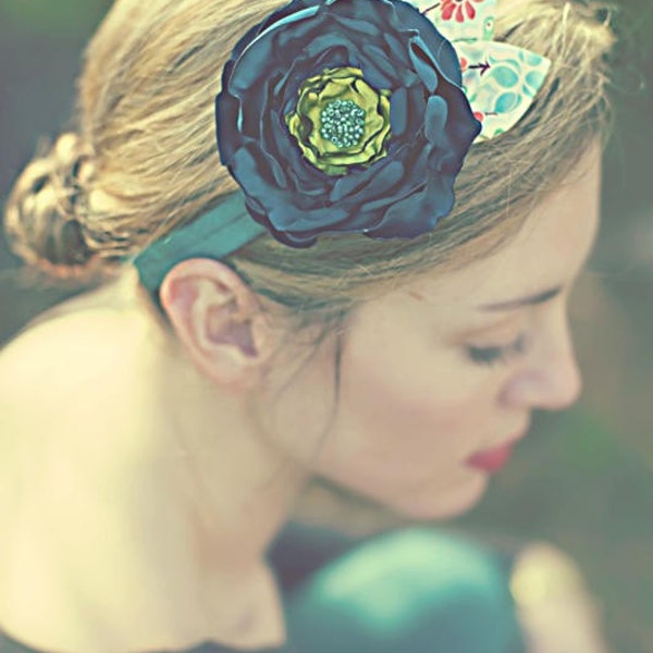 Teal Blue & Avocado Green Silky Flower with Patterned Leaves on Stretchy Headband