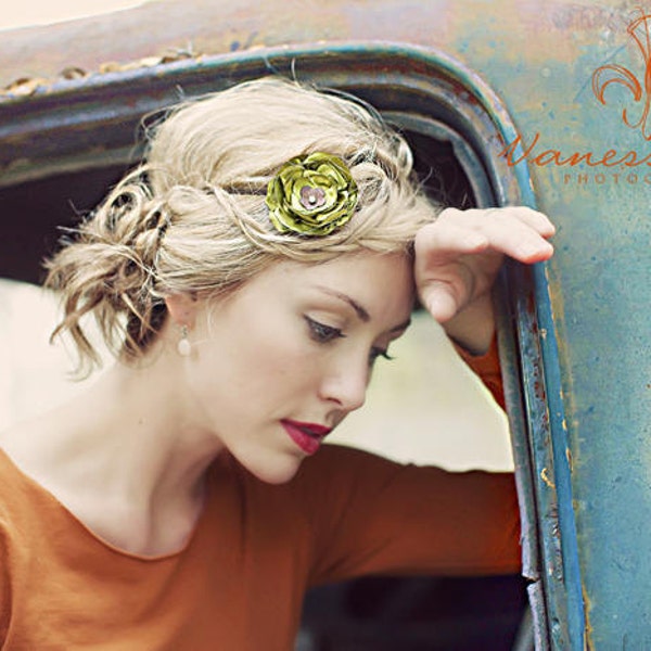Mini Avocado Green Flower with Leather & Rhinestone Center on Skinny Saddle Brown Headband