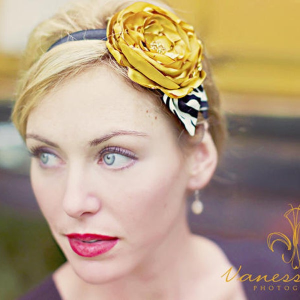 Mustard Yellow Flower & Zebra Print Leaves Headband