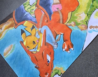 PIKADRACO FAN ART | A4-illustration | Handgjord konst | Presentidé för anime-fans | Väggdekoration.