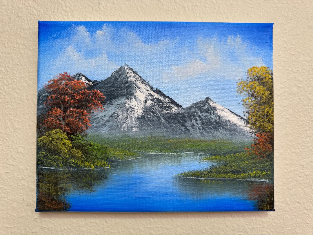 Snowy Mountain Lake Oil Painting Small 8x10” Autumn Landscape Nature ...
