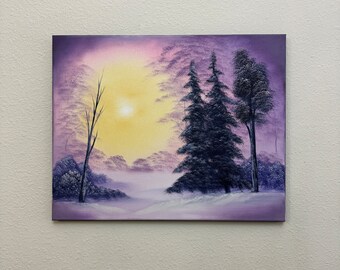 Bob Ross style original oil painting “Tranquil Dawn“ (pink version) 16x20 inch