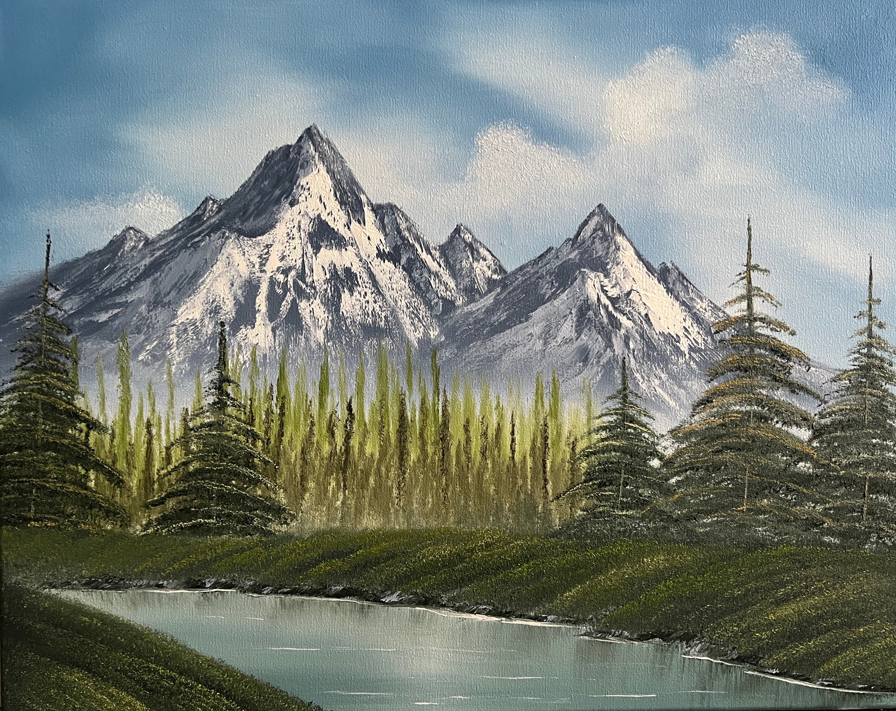 Lakeside Scene Overlooking A Rocky Mountain Range Bob Ross Replica,  Handmade Painting on Stretched Canvas 16x20 