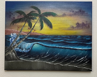 Tropical seascape original oil painting artwork with palm trees  “Island Paradise” 16x20in Bob Ross style art