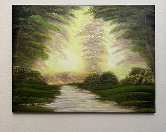 After Bob Ross “Tranquil Wooded Stream” wet on wet technique oil landscape painting 18x24
