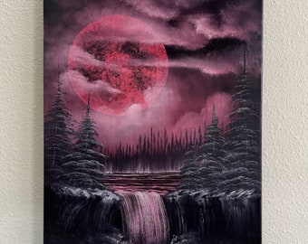 Blood Moon Falls Full Moon Waterfall oil painting on canvas 16x20in Bob Ross style art