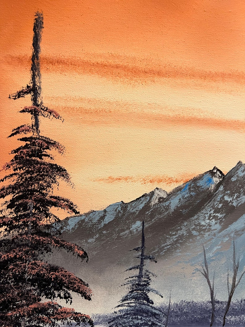 Bob Ross style landscape oil painting Mountain Rhapsody 16x20in image 7