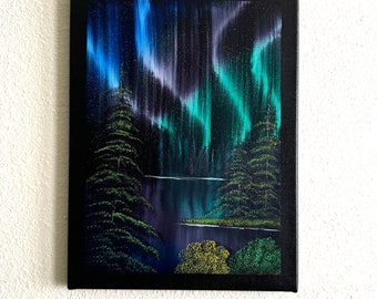 Northern Lights Oil Painting: Night Sky Forest Landscape Art (12x16 in)
