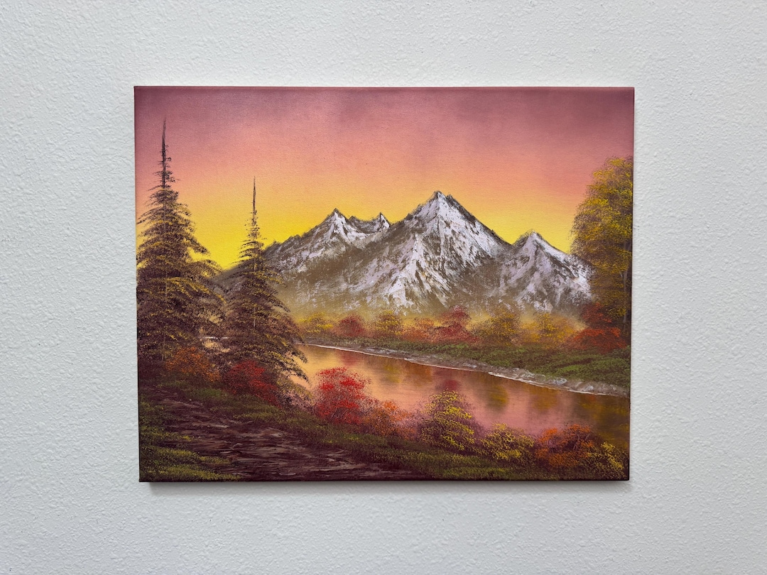 16x20 Original Oil Painting – Mountain Sunset With River & Autumn Trees ...
