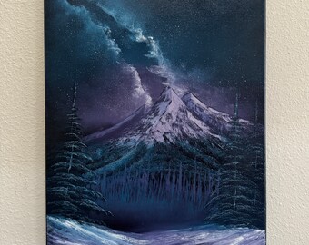 Teal Purple Milky Way Oil Painting: Night Sky Mountain Landscape (16x20)