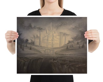 Puede incluir: Una pintura de un castillo blanco en un paisaje brumoso. El castillo es alto e imponente, con muchas torres y chapiteles. La niebla es espesa y se arremolina, dando a la escena una sensación misteriosa y etérea.