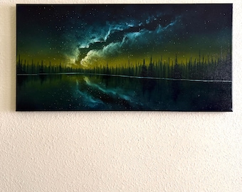 Original Aurora Borealis Oil Painting – Night Lake Landscape, 12x24